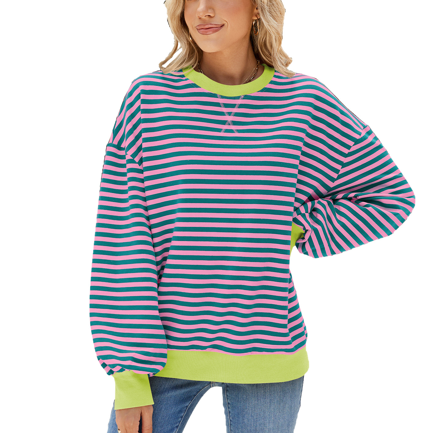 Women's Striped Crew Neck Color-Blocked Loose Long-Sleeved Sweatshirt