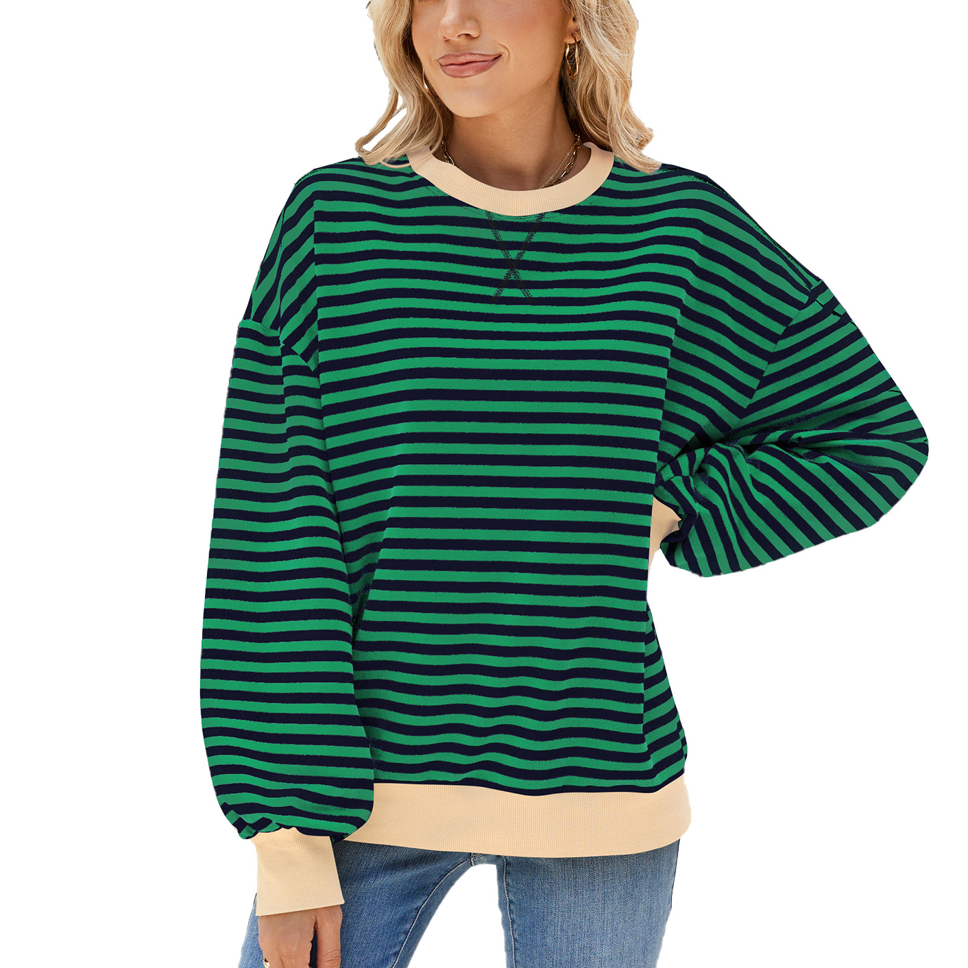 Women's Striped Crew Neck Color-Blocked Loose Long-Sleeved Sweatshirt