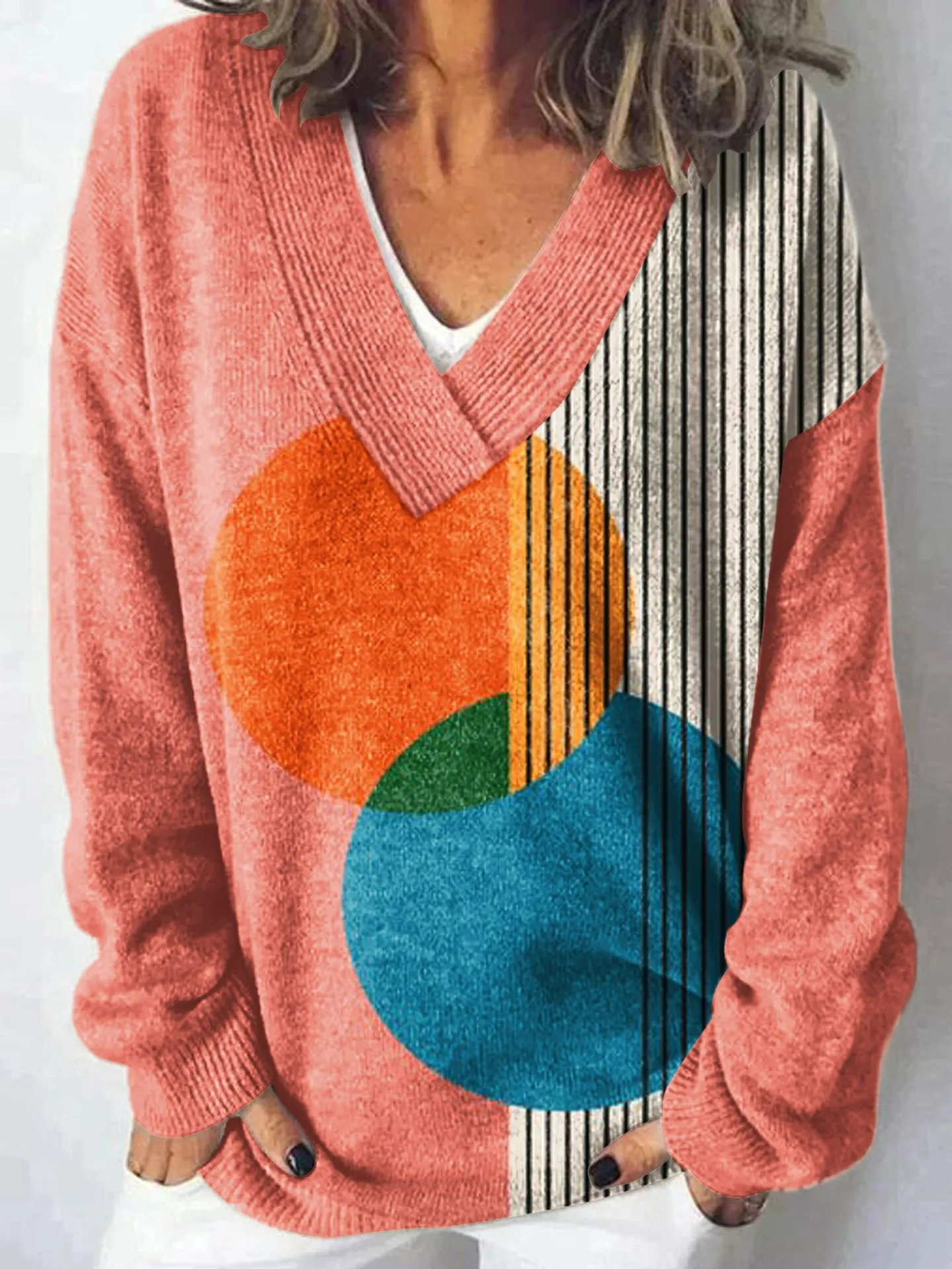 Women’s Vintage Abstract Print Wool Sweater – Artistic Cozy Knit Top