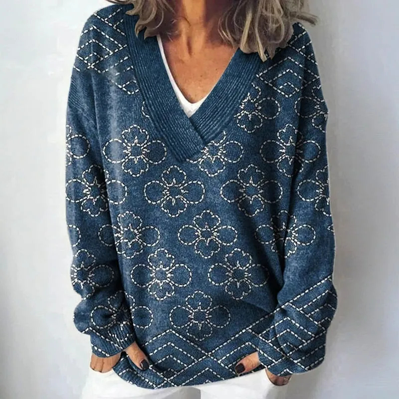 Women’s Vintage Abstract Print Wool Sweater – Artistic Cozy Knit Top