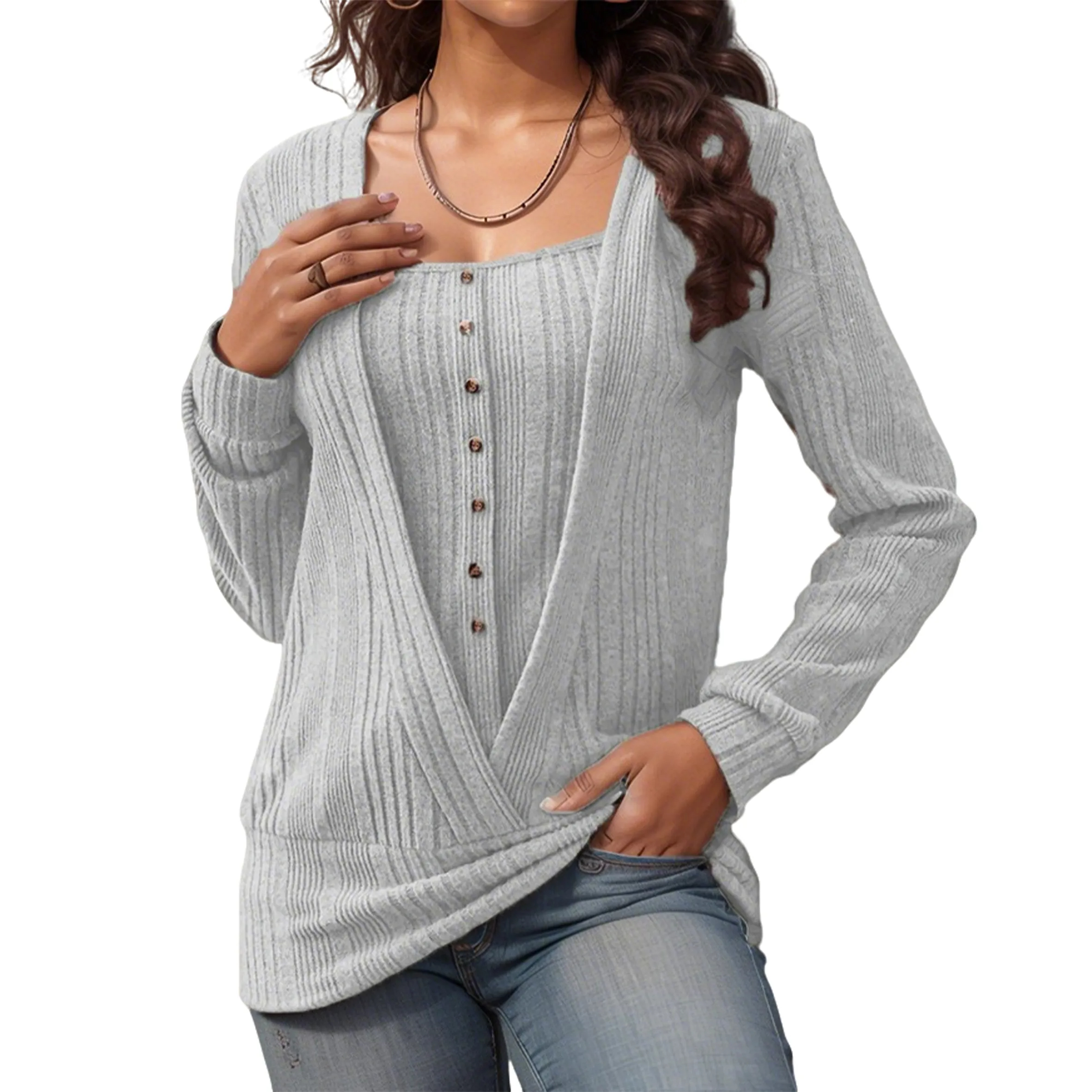 Women's Elegant Soft V-Neck Button Faux Two-Piece Knit Sweater
