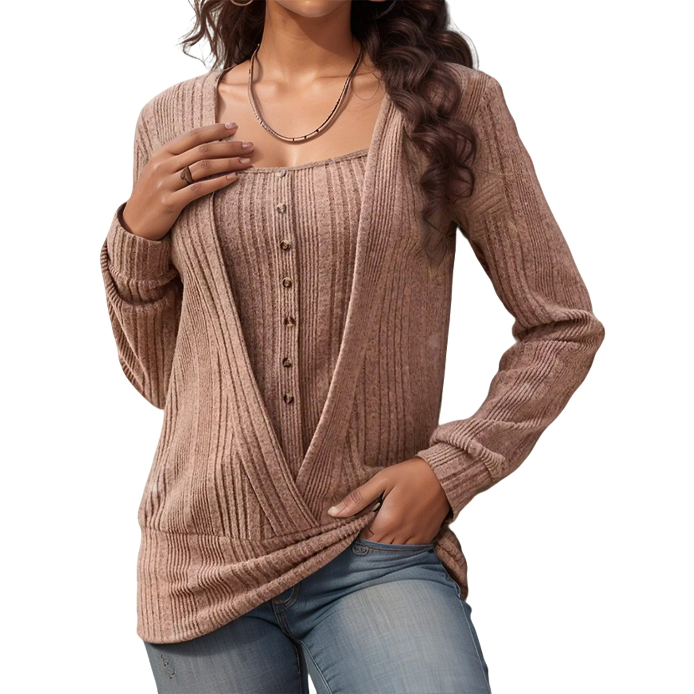 Women's Elegant Soft V-Neck Button Faux Two-Piece Knit Sweater