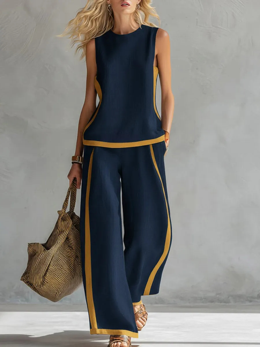 Women's Round Neck Sleeveless Casual Loose Top And High-waisted Loose Wide-leg Pants Cotton And Linen Set.