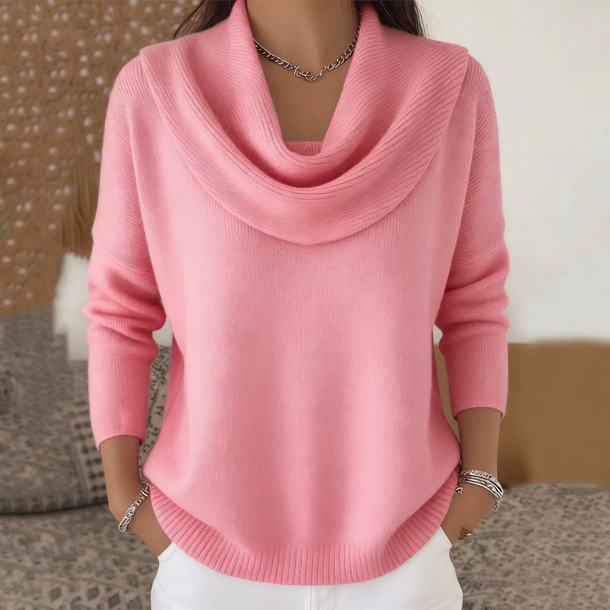 Women's Soft and Elegant Solid Color Ruffled Collar Sweater Top