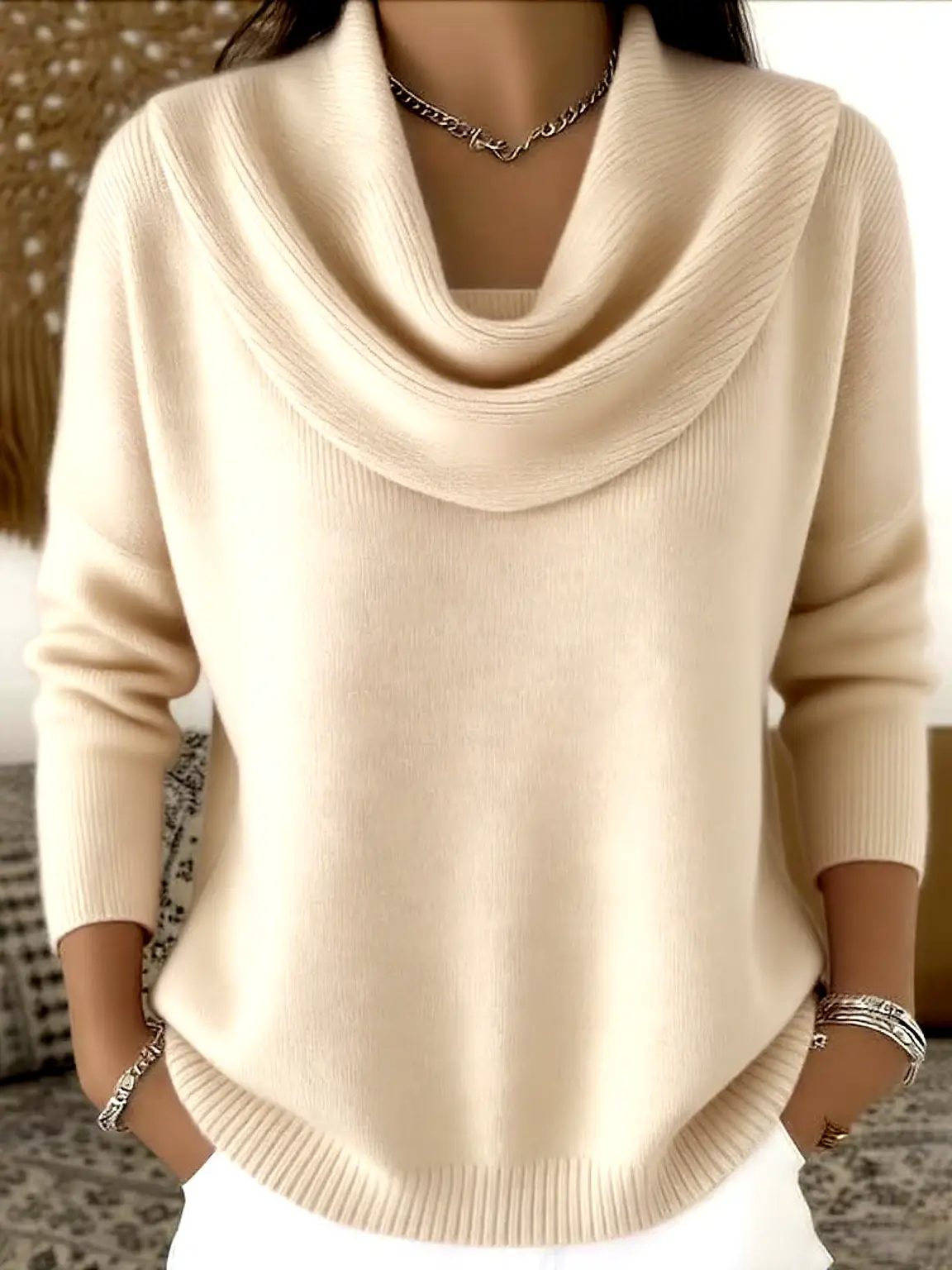 Women's Soft and Elegant Solid Color Ruffled Collar Sweater Top