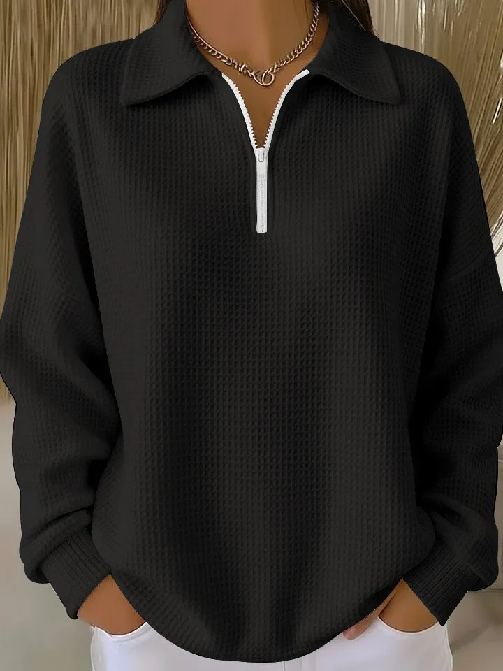 Women’s Solid-Color Waffle-Knit Zip-Up Collared Top