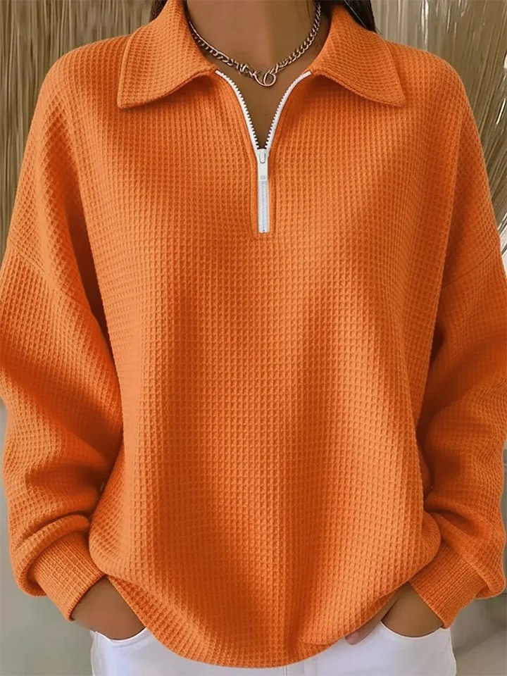 Women’s Solid-Color Waffle-Knit Zip-Up Collared Top