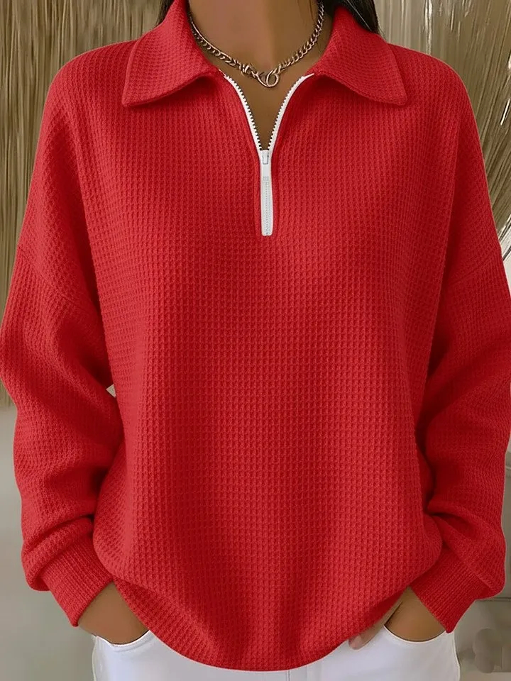 Women’s Solid-Color Waffle-Knit Zip-Up Collared Top