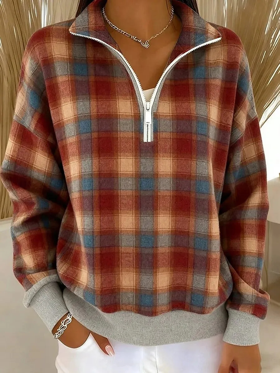 Women’s Vintage Color-Block Knit Zip-Up Collared Top