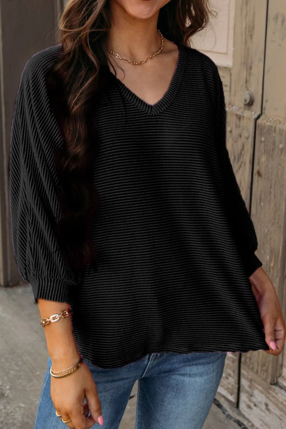 Women's Texture V-Neck Long Sleeve Top