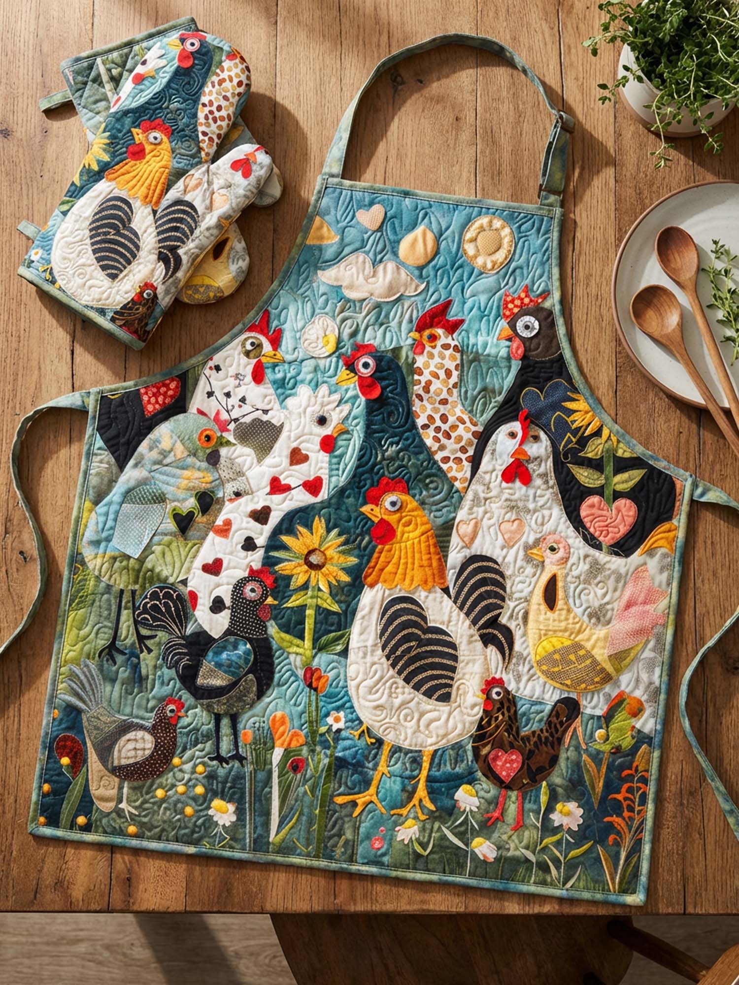 Funny Chicken Quilted Apron Set (2-Piece) – Padded Apron + Heat-Resistant Oven Mitts