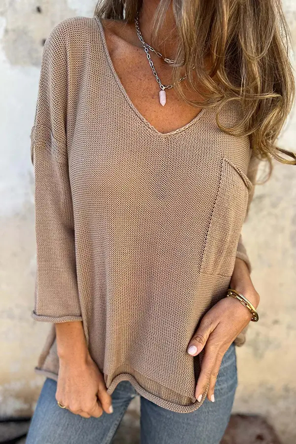 Fashionable Hollow V-neck Long-sleeved Casual Loose Knitted Solid Women Top