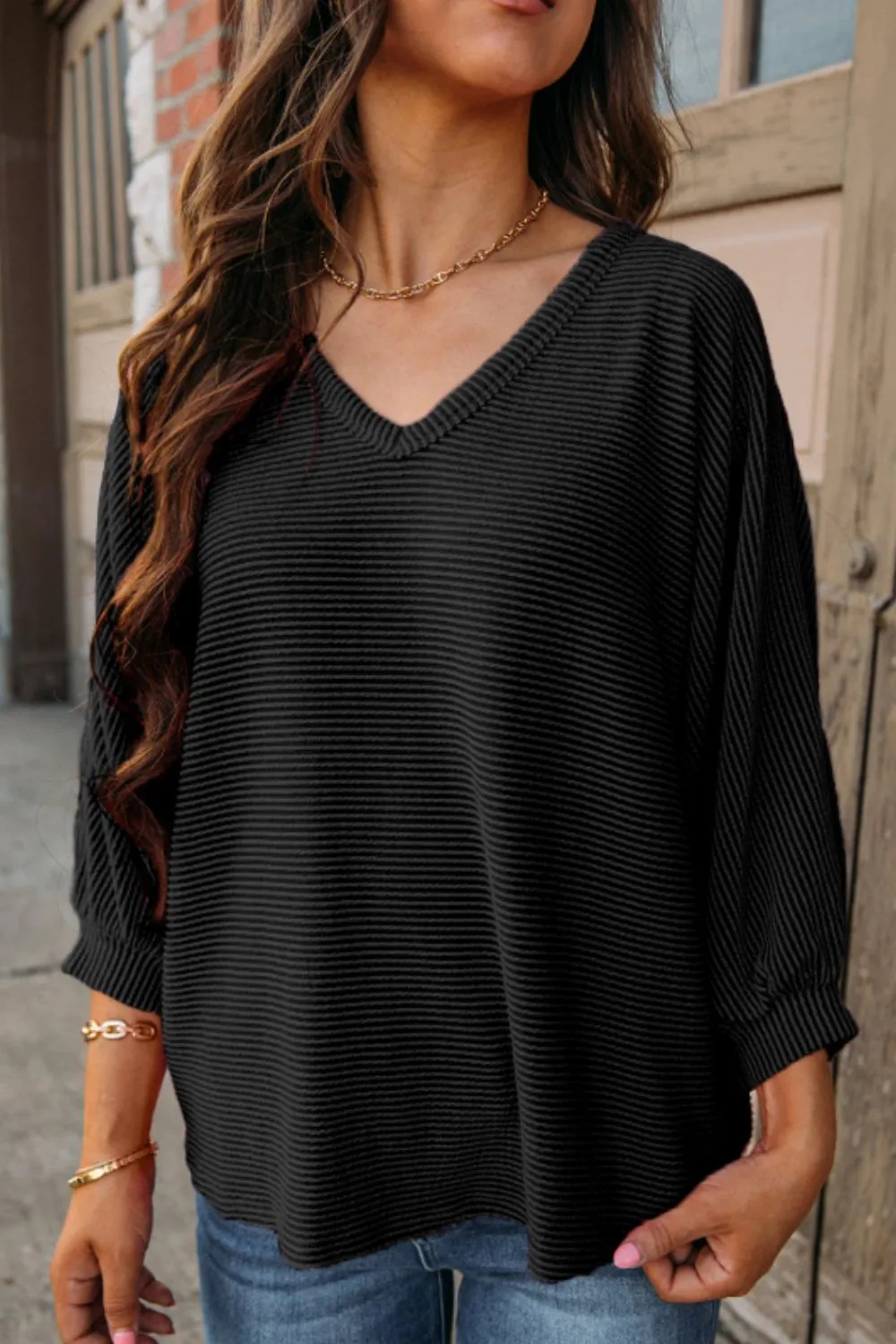 Women's Texture V-Neck Long Sleeve Top