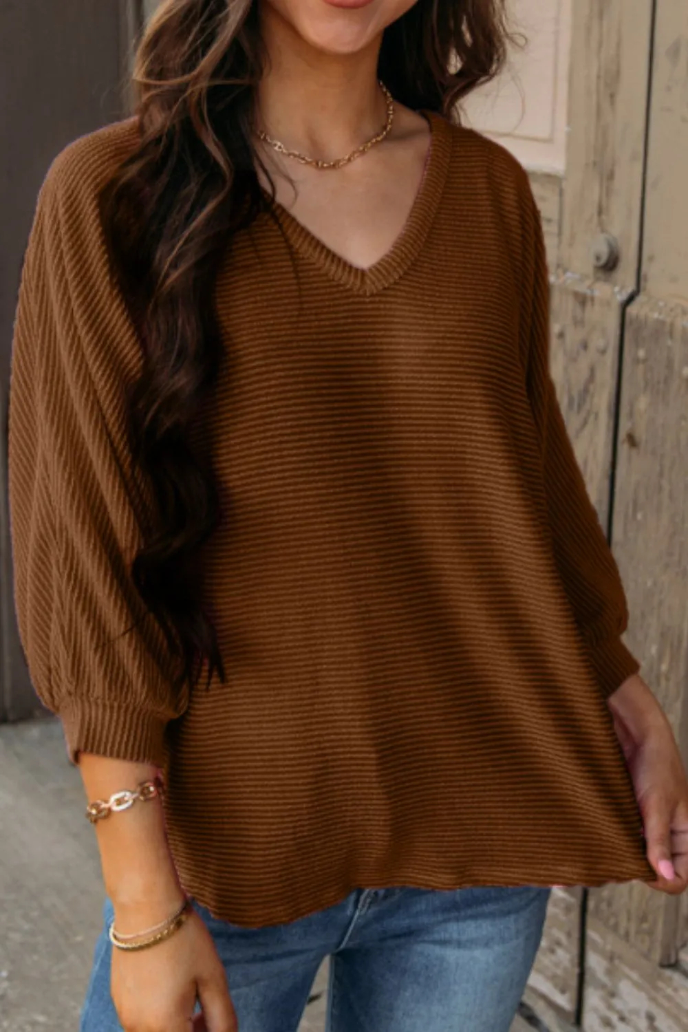 Women's Texture V-Neck Long Sleeve Top