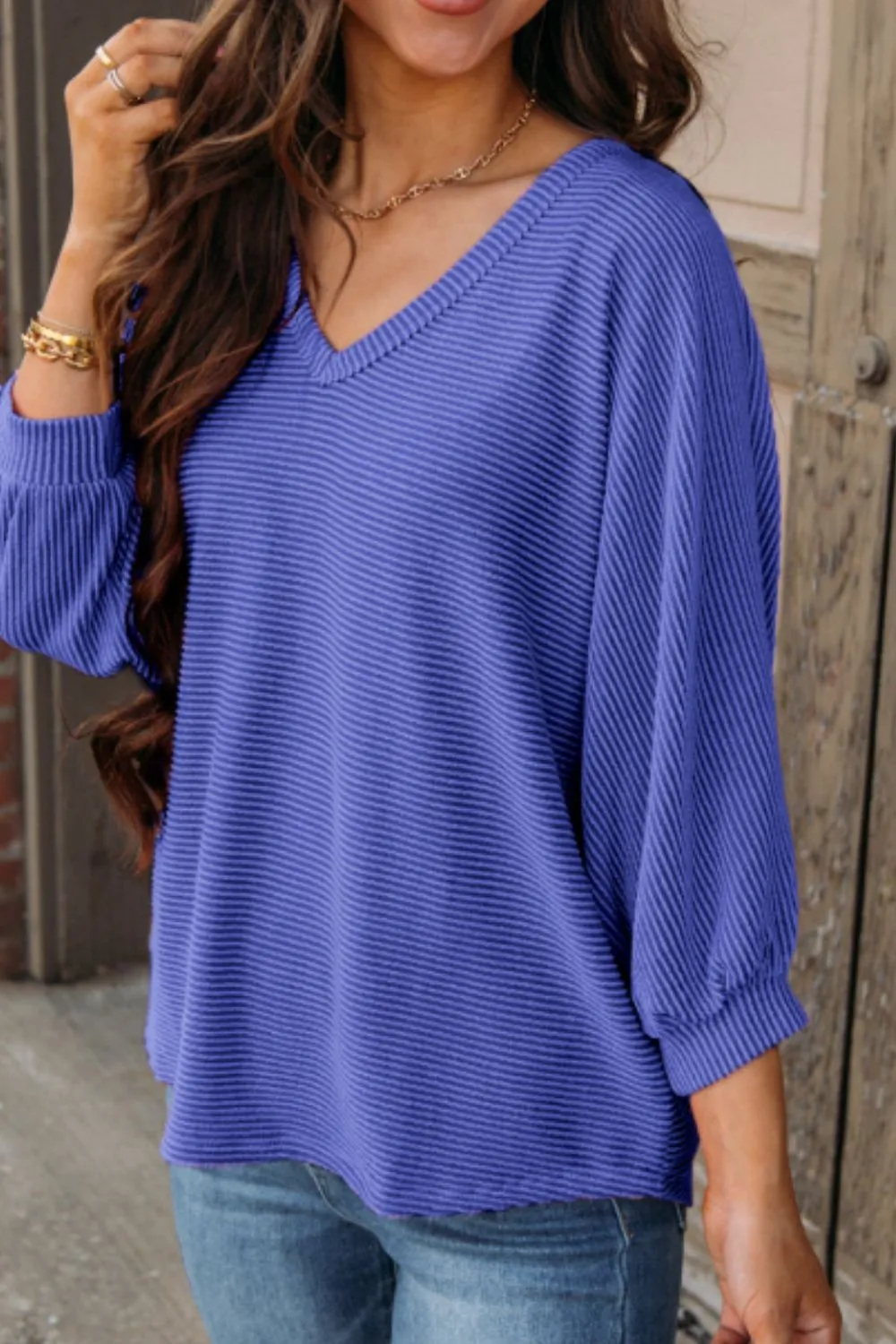 Women's Texture V-Neck Long Sleeve Top