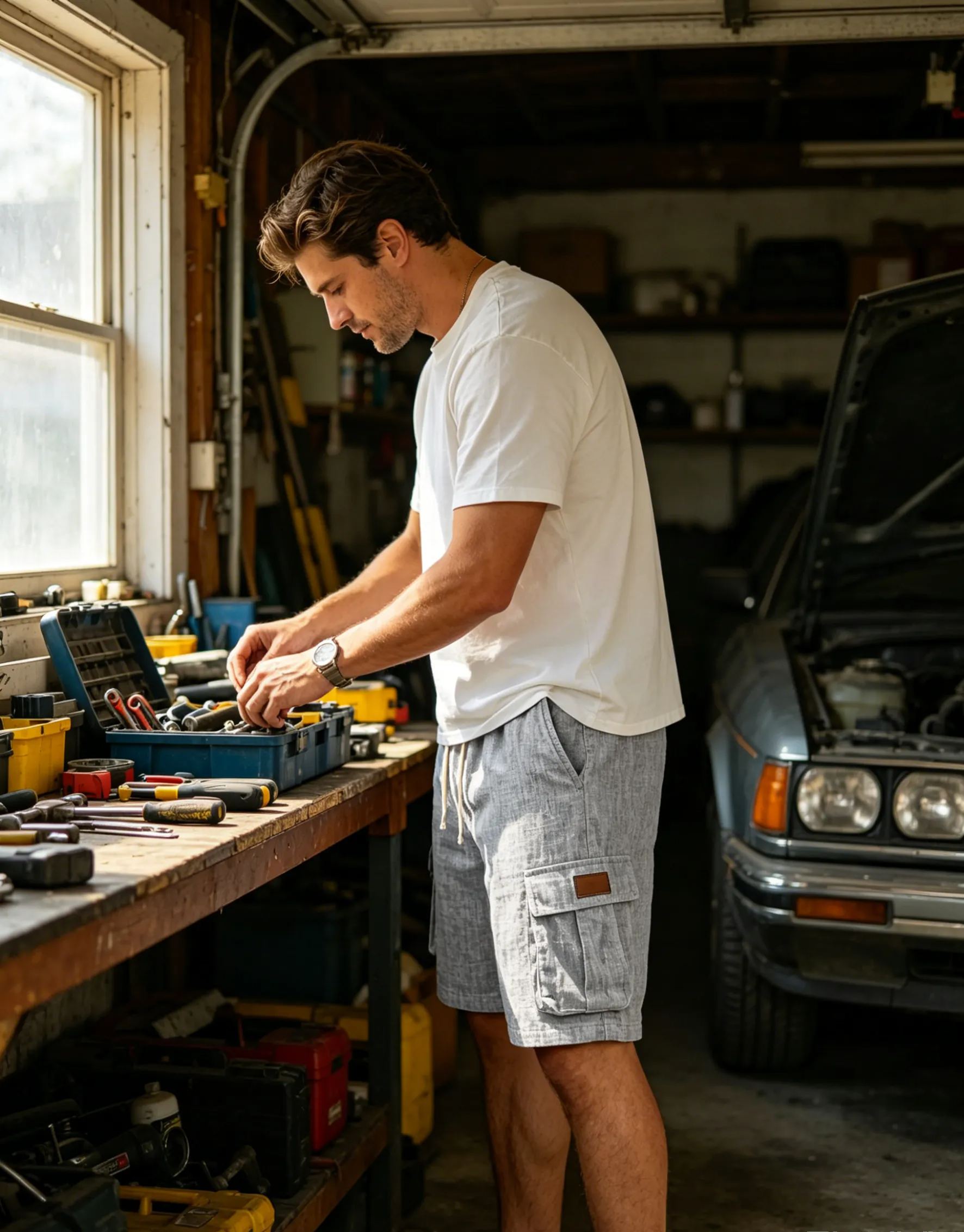 Men's Casual Linen Multi-Pocket Embroidered Logo Cargo Shorts