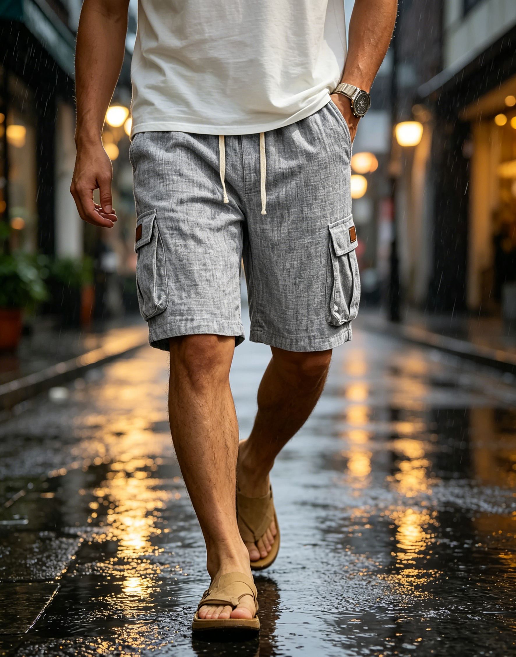 Men's Casual Linen Multi-Pocket Embroidered Logo Cargo Shorts