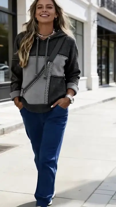 Women's Retro patchwork hooded sweatshirt, a versatile and casual top.