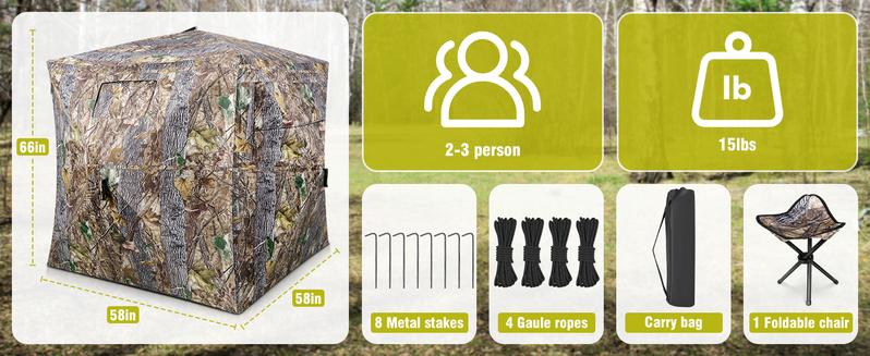 Hunting Blind 270&deg;/360&deg; See Through Ground Blinds with Silent Windows Carry Bag, Two Size Option Portable Hunting Tent for Deer Duck Turkey