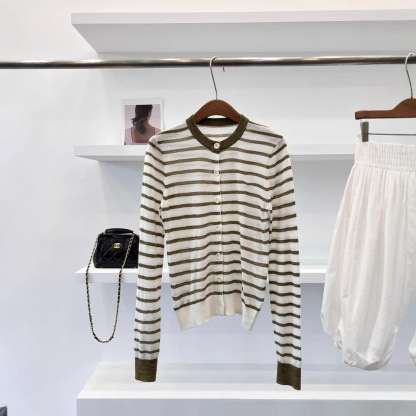 Women's linen blend color-blocked striped knit cardigan