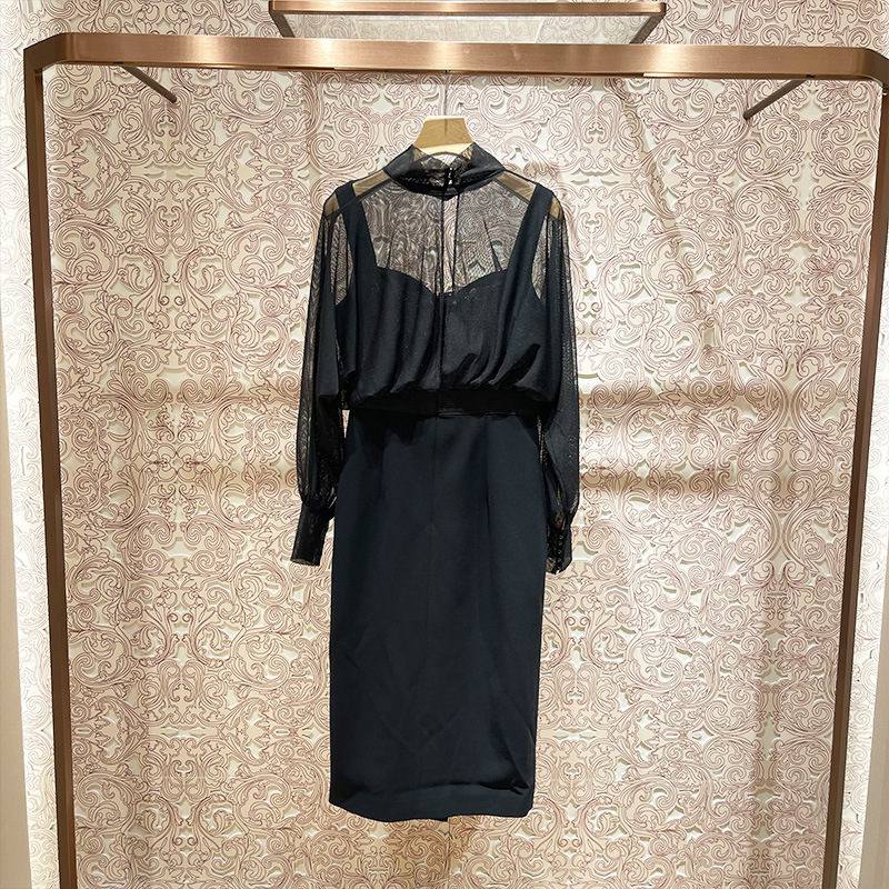 Mesh-collared, high-waisted, patchwork dress