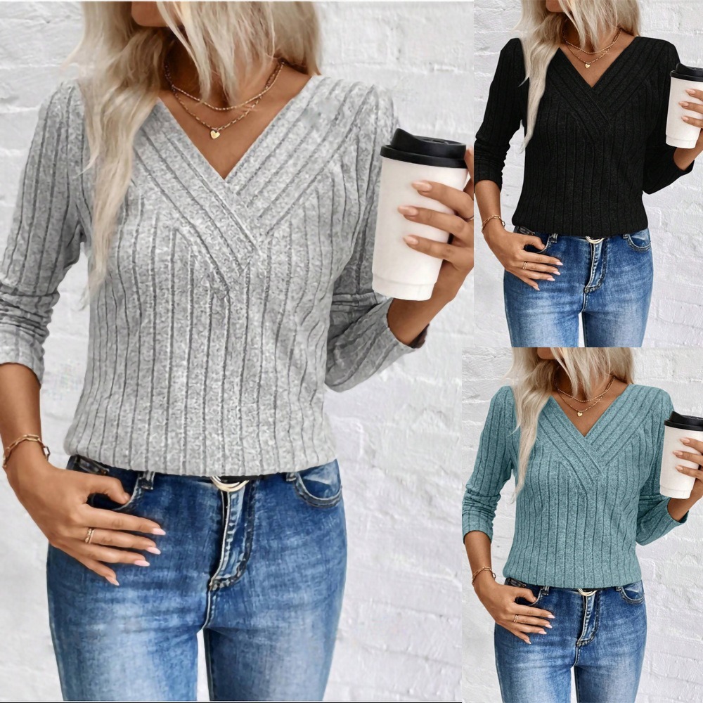 Autumn/Winter V-neck Ribbed Casual Slim Fit Long-Sleeve T-Shirt