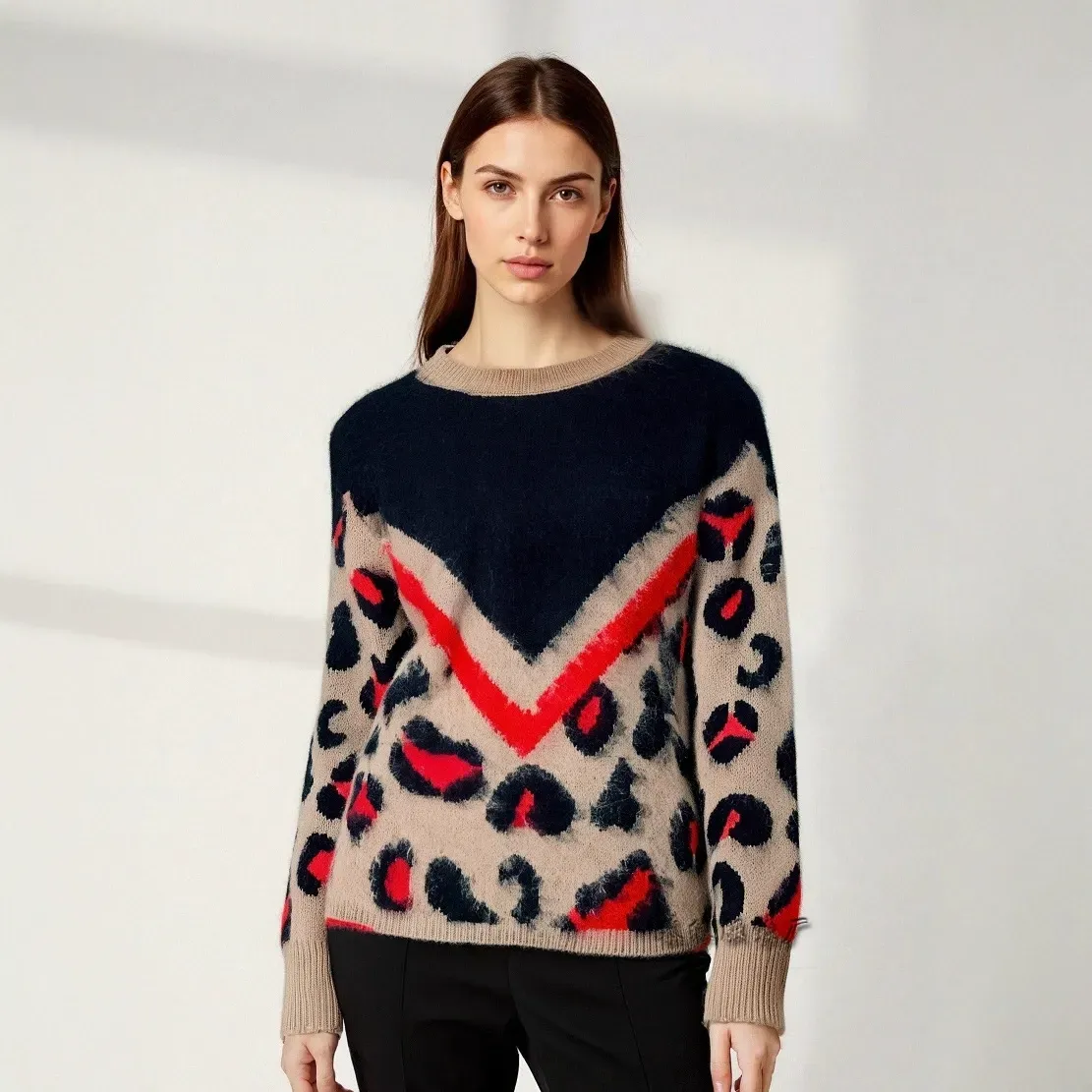 Plush printed knitted pullover crew neck leopard print sweater