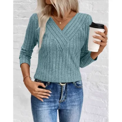 Autumn/Winter V-neck Ribbed Casual Slim Fit Long-Sleeve T-Shirt