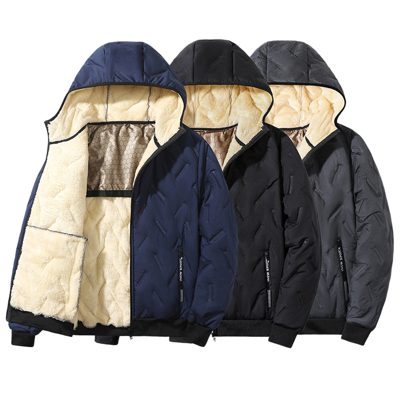 Men's hooded cotton-padded jacket with fleece lining, men's winter fleece-lined coat