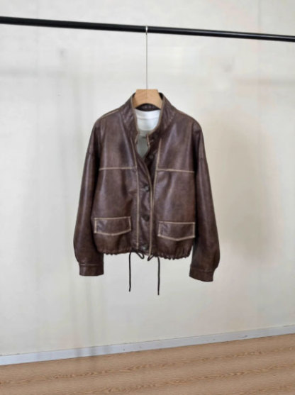 Dark brown urban casual short single-breasted vintage leather jacket