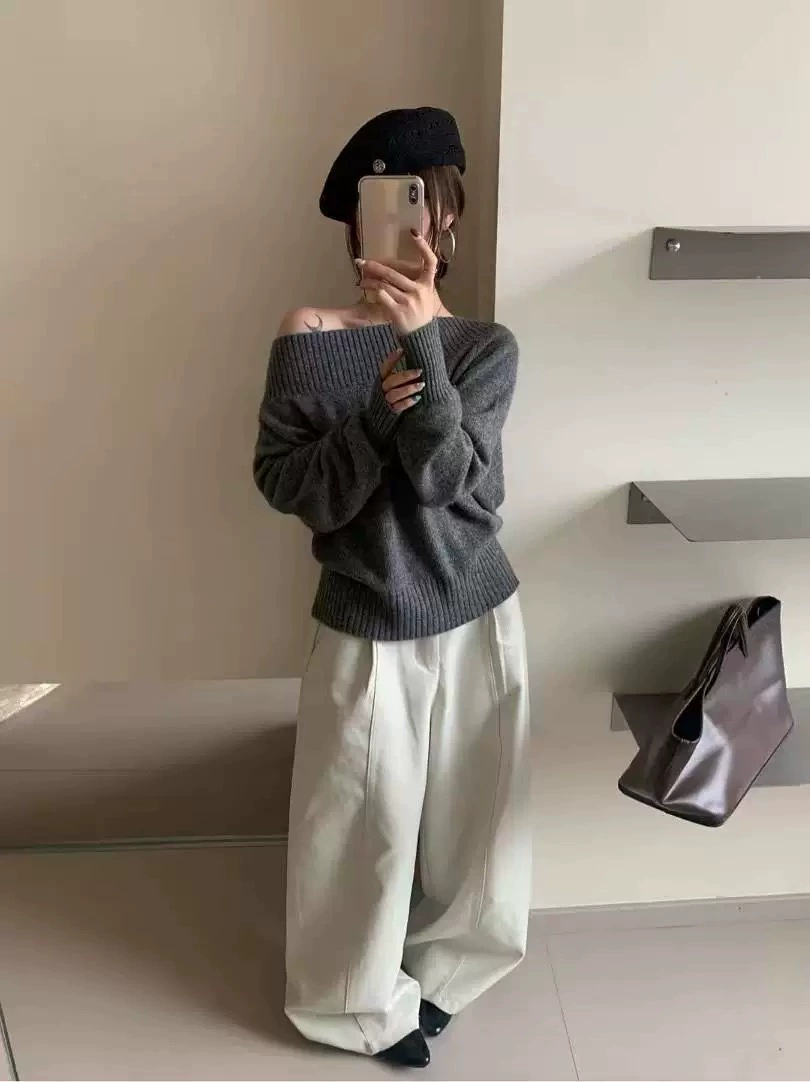 Women's Pullover Sweater Solid Color Off-Shoulder Knit Long-Sleeved Pullover Sweater Top