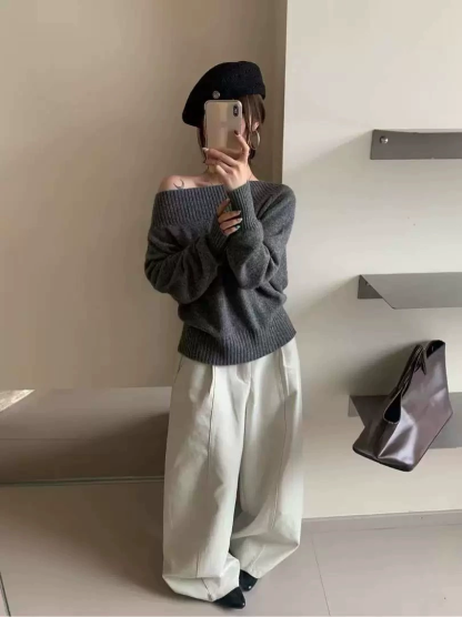 Women's Pullover Sweater Solid Color Off-Shoulder Knit Long-Sleeved Pullover Sweater Top