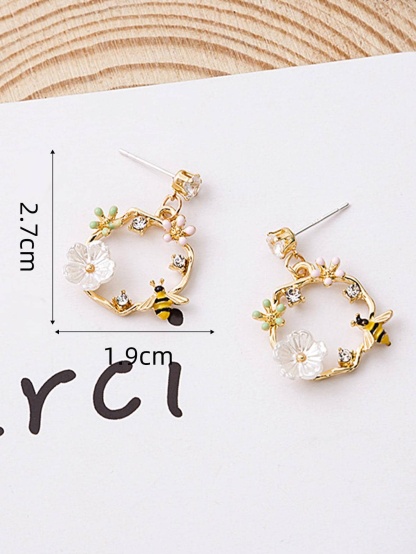 Flower & Bee Decor Circle Drop Earrings