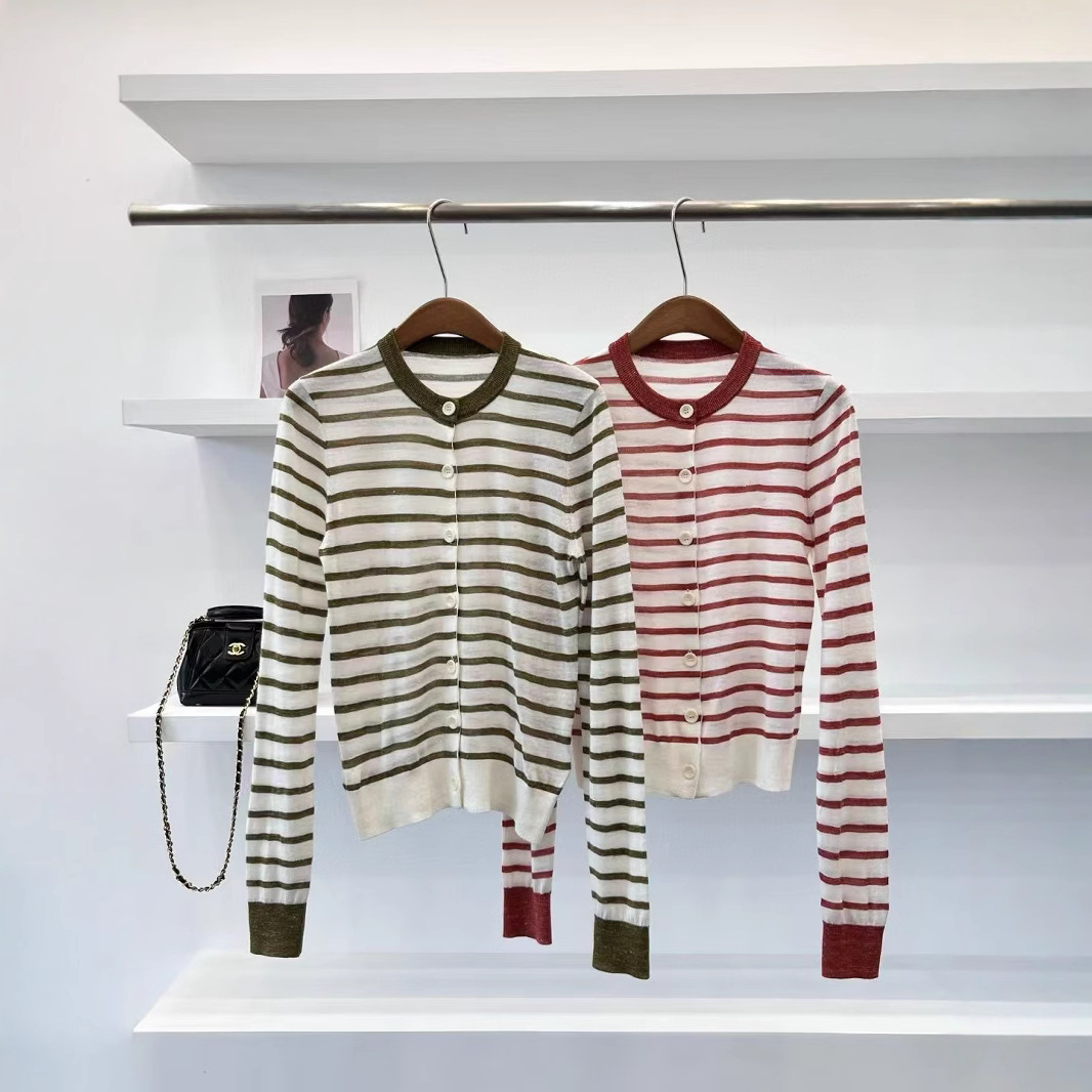 Women's linen blend color-blocked striped knit cardigan