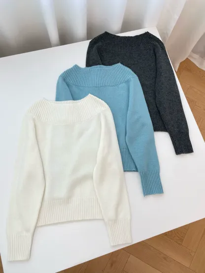 Women's Pullover Sweater Solid Color Off-Shoulder Knit Long-Sleeved Pullover Sweater Top