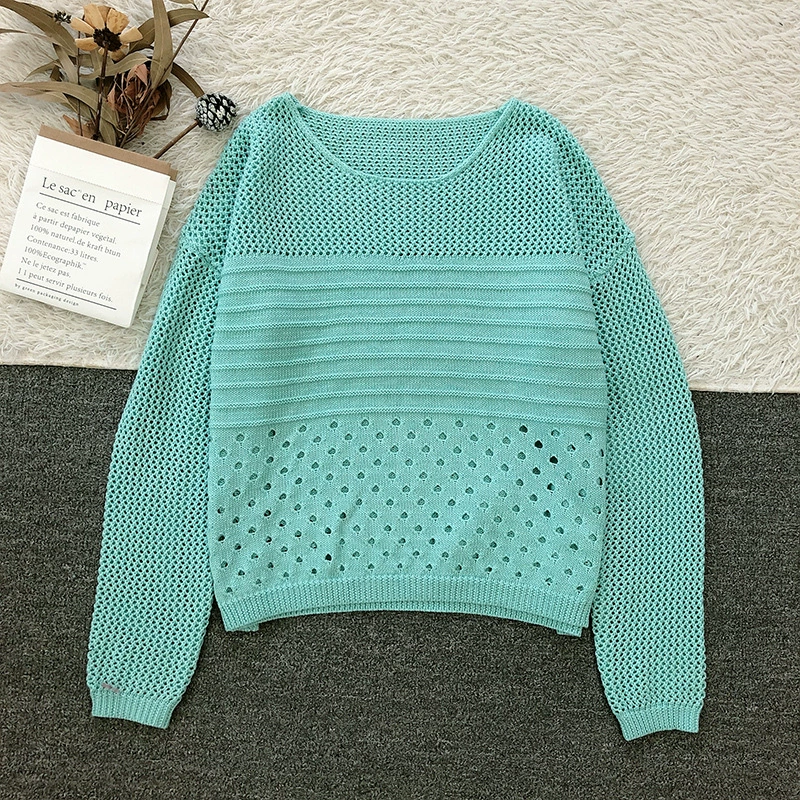 Openwork Round Neck High Low Knit Top Sweater