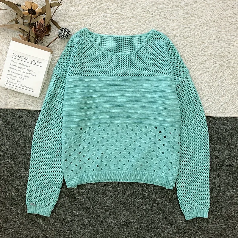 Openwork Round Neck High Low Knit Top Sweater