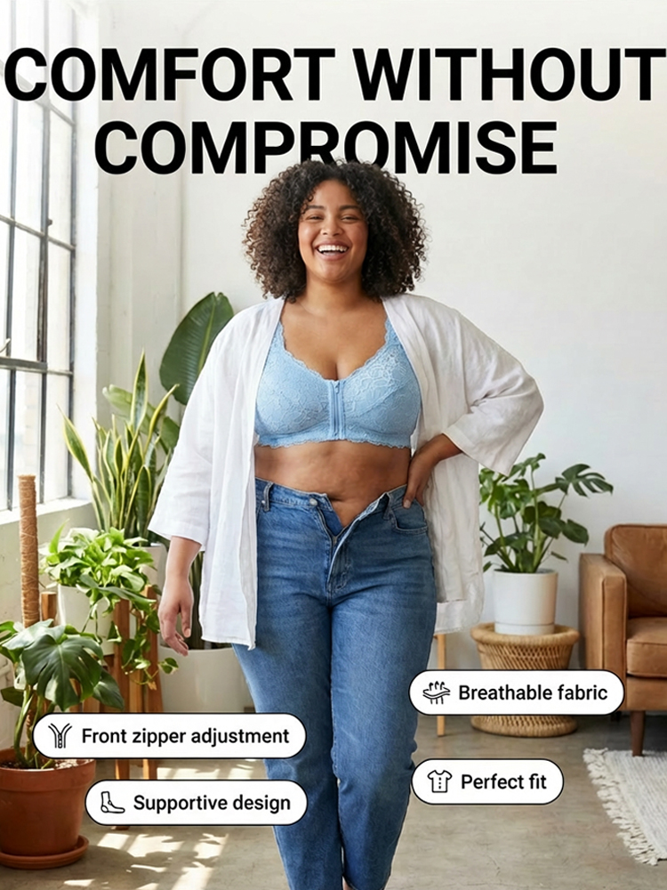 [Makes large breasts appear smaller & small breasts appear larger] Front zipper shaping bra