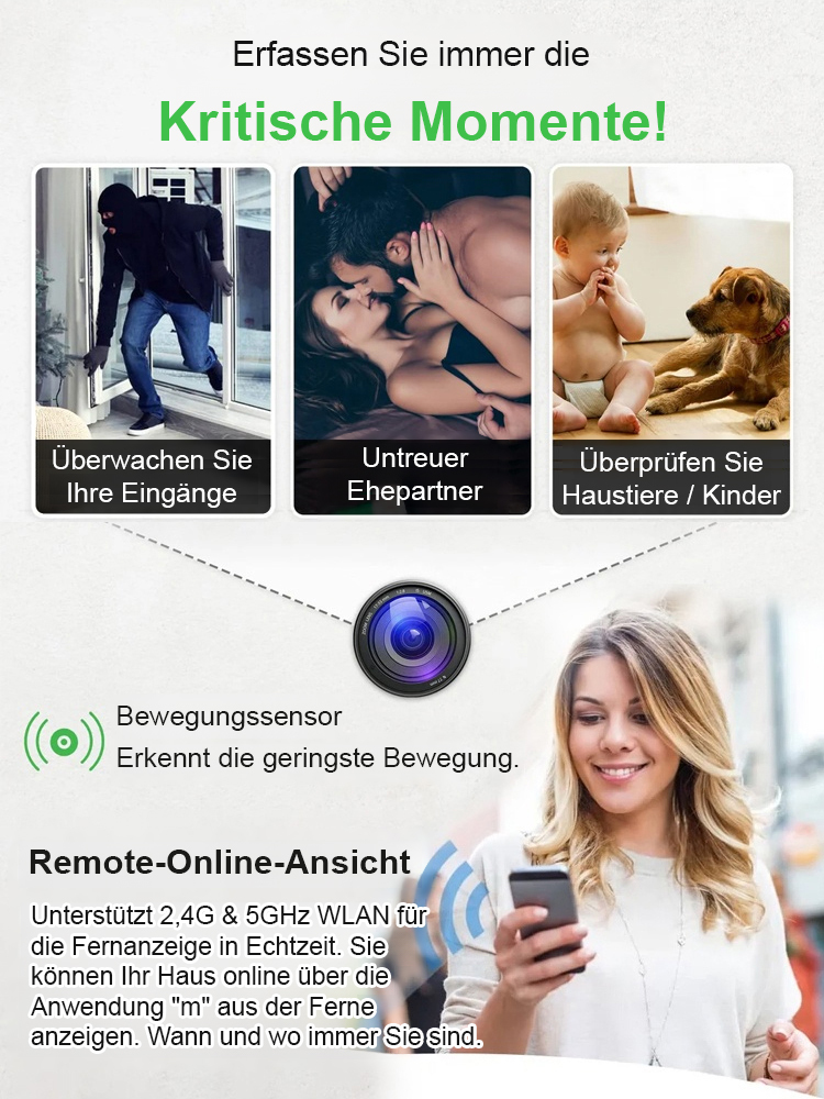 【Upgrade-Version: Ultra-unsichtbar】Drahtlose Kamera. Sie können jederzeit aus der Ferne live sehen und aufnehmen. Dank der gestochen scharfen Infrarot-Nachtsichtfunktion haben Sie selbst in der dunkelsten Nacht klare Sicht.