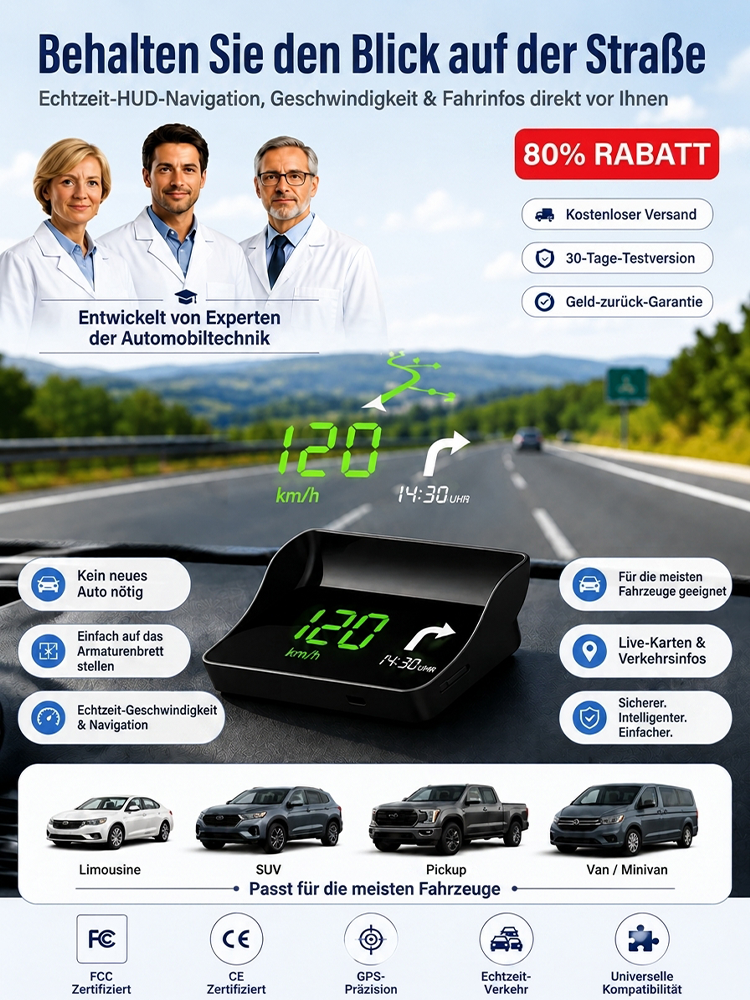 🚗 【Intelligenter Auto-HUD-Co-Pilot】 Funktioniert mit Limousinen, SUVs, Pickups, Wohnmobilen und mehr!