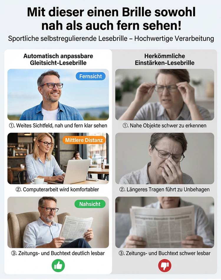 👓 Von Augenärzten empfohlen | Präzisionsbrille aus Sabae Automatisch fokussierende Lesebrille mit Blaulichtschutz • Kein Augentest nötig 