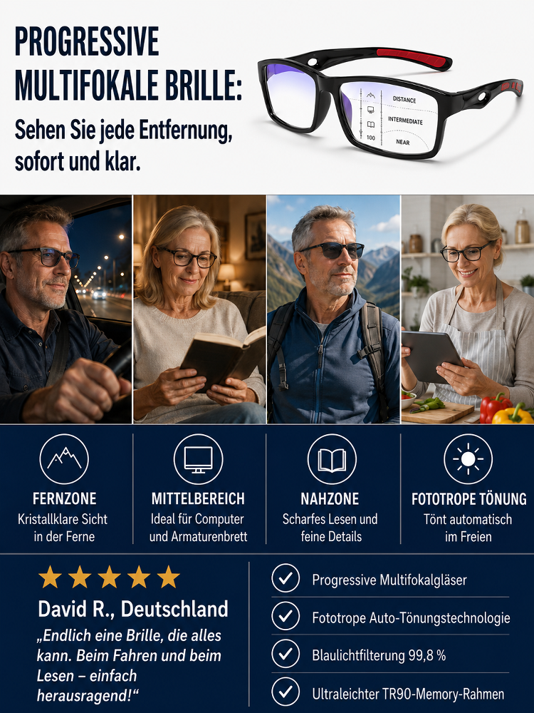 ✅ Schluss mit ständigem Brillenwechsel! Eine Brille für nahtlose Sehschärfe und sofortigen Sonnenschutz.