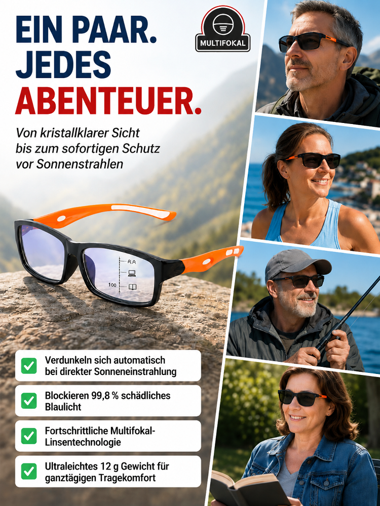 ✅ Schluss mit ständigem Brillenwechsel! Eine Brille für nahtlose Sehschärfe und sofortigen Sonnenschutz.