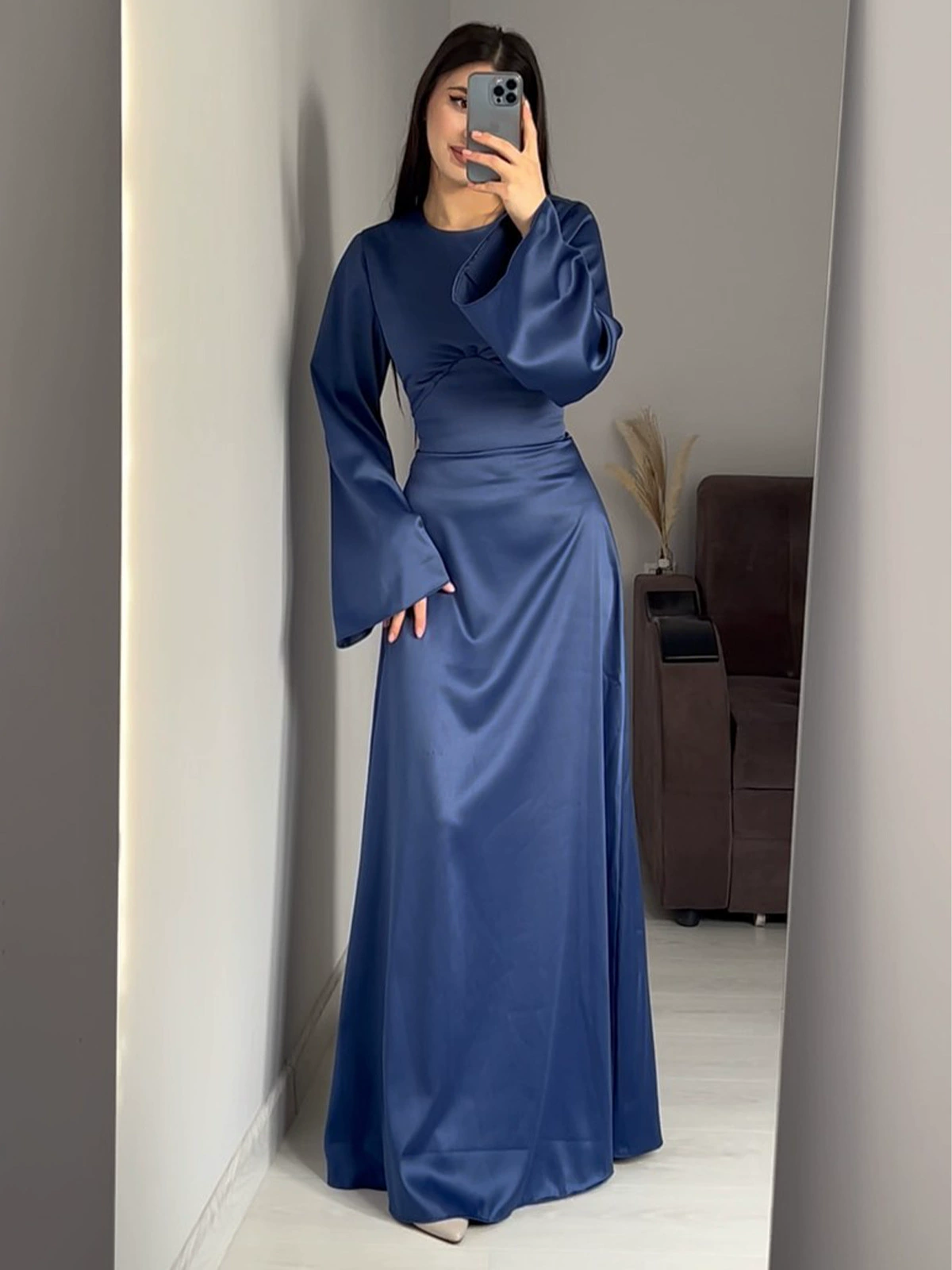 Round Neck Long Sleeve Satin Back Lace Up Maxi Dress