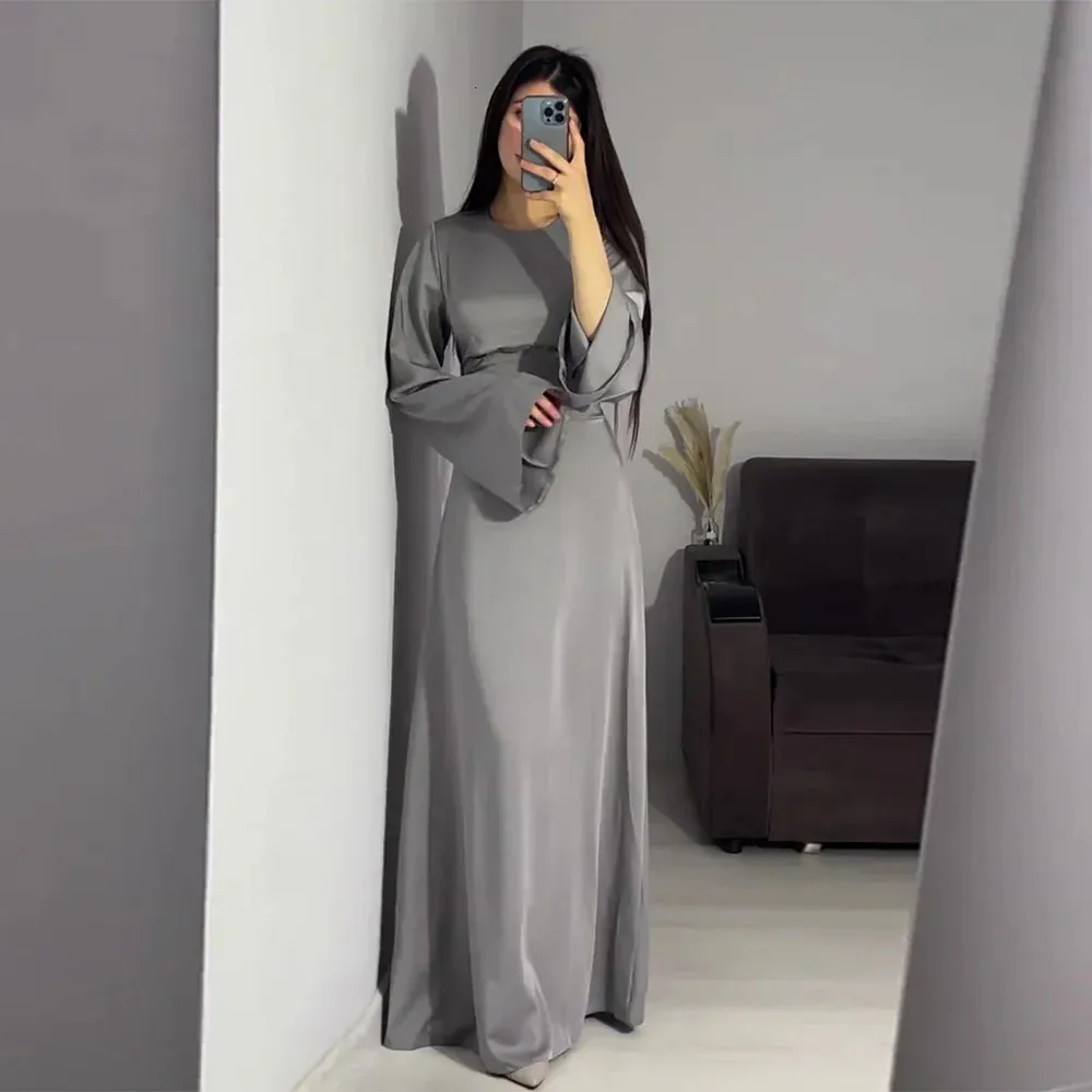 Round Neck Long Sleeve Satin Back Lace Up Maxi Dress