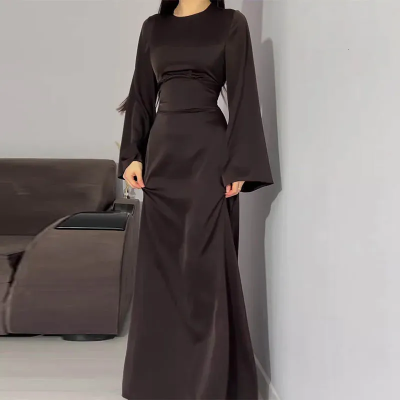 Round Neck Long Sleeve Satin Back Lace Up Maxi Dress