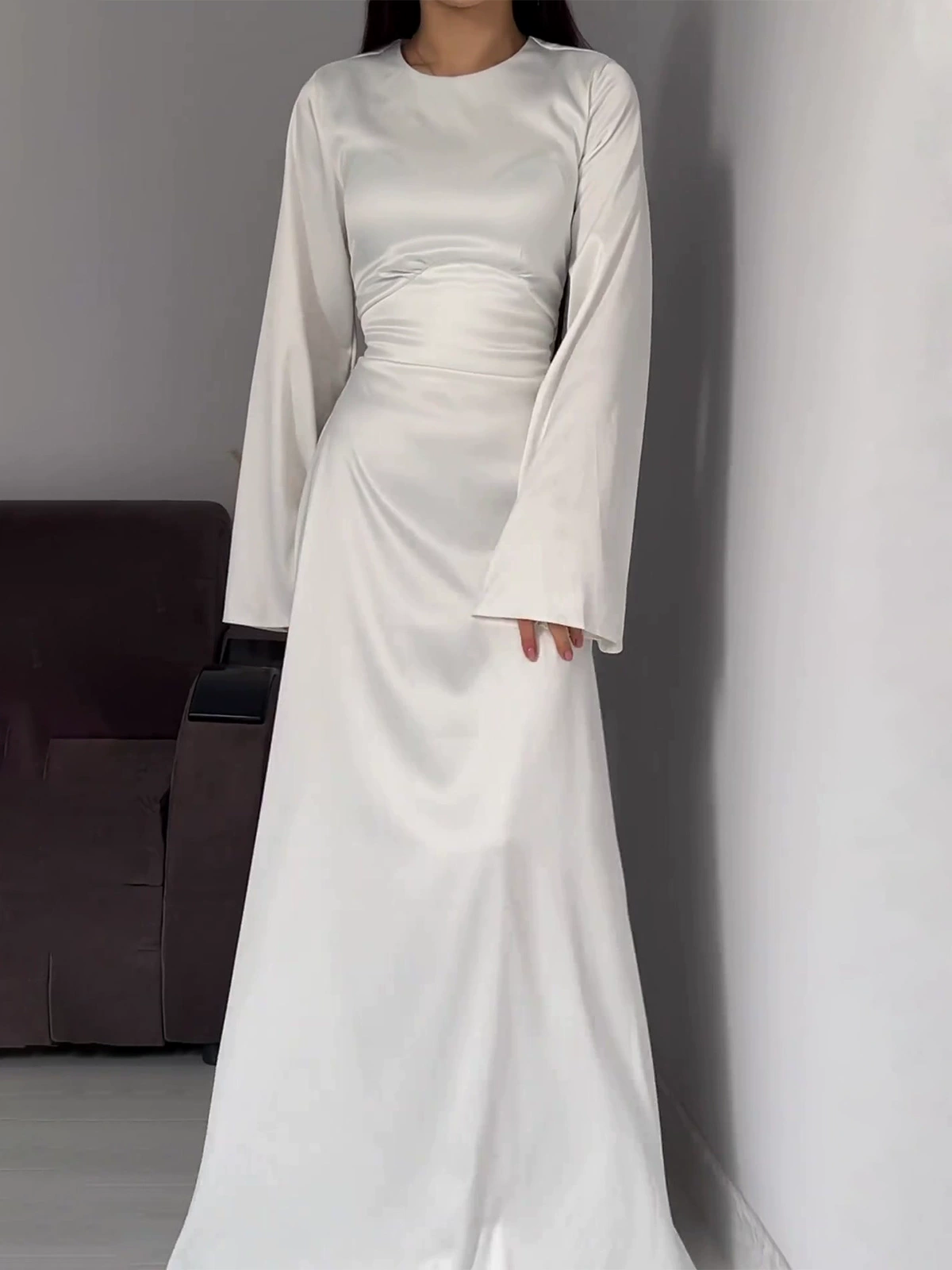 Round Neck Long Sleeve Satin Back Lace Up Maxi Dress