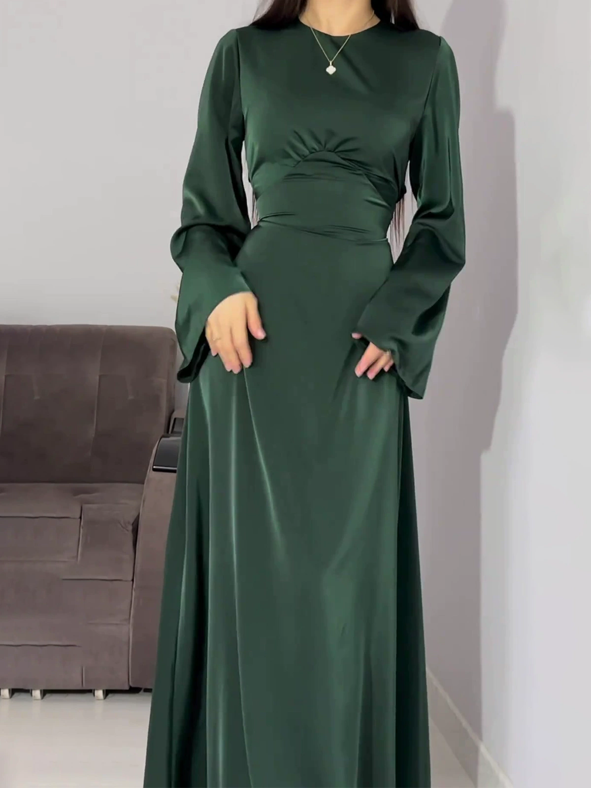 Round Neck Long Sleeve Satin Back Lace Up Maxi Dress