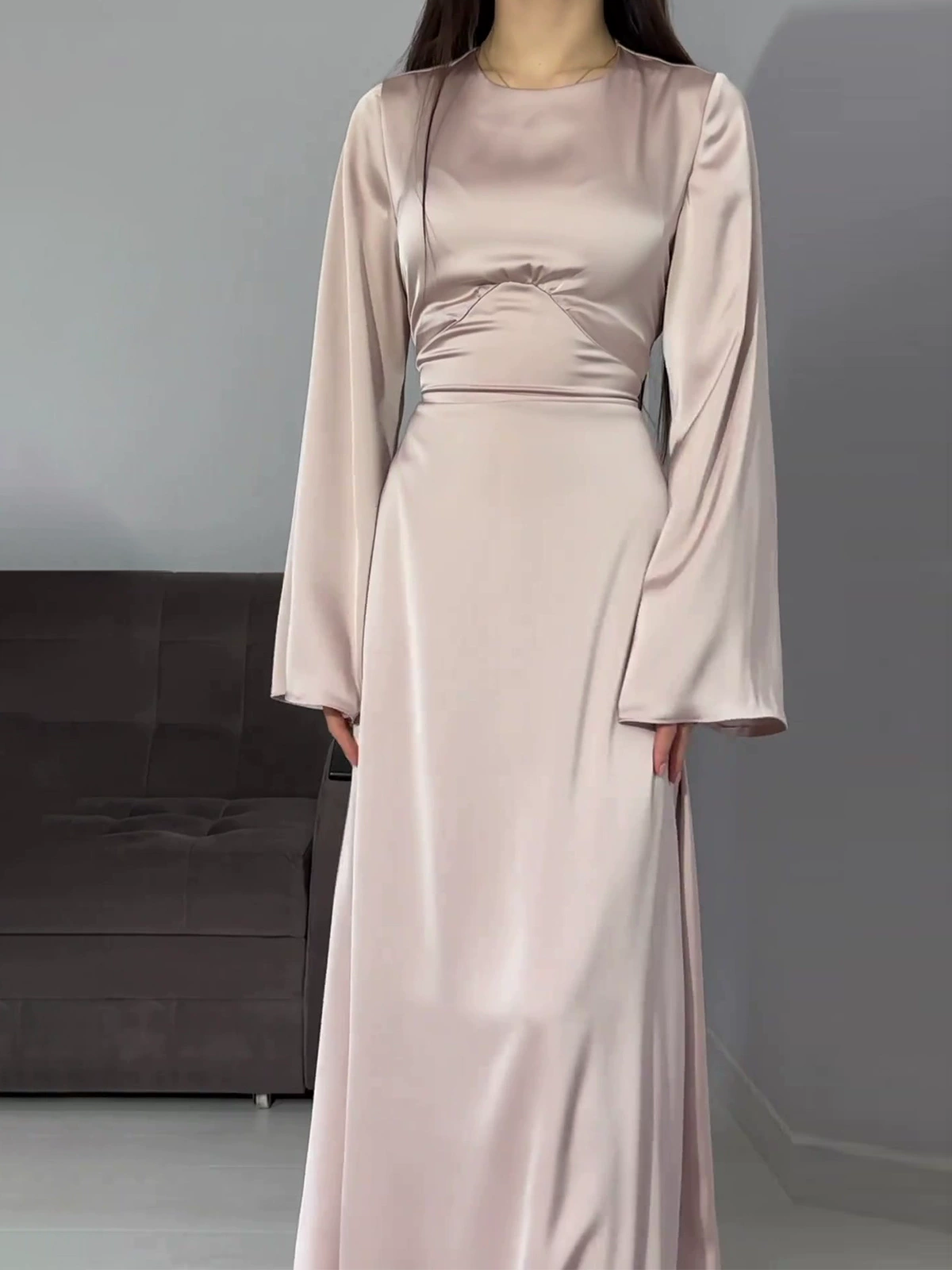 Round Neck Long Sleeve Satin Back Lace Up Maxi Dress
