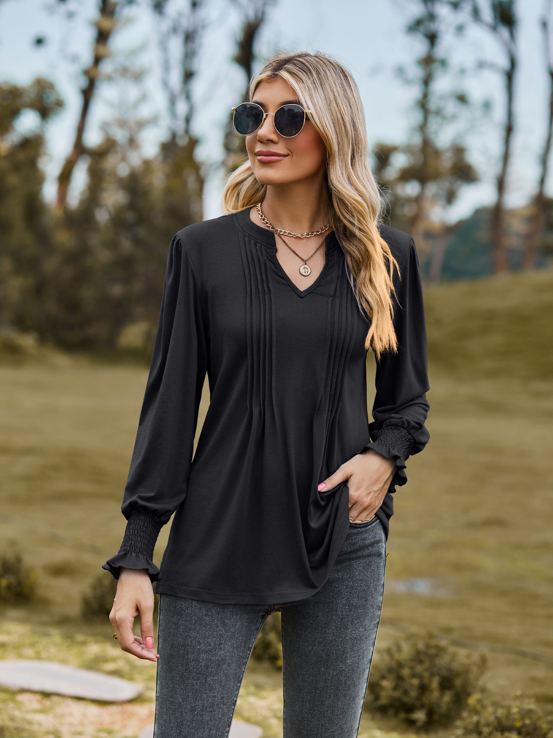 V-Neck Pleated Stretch Smocked Cuffed Top